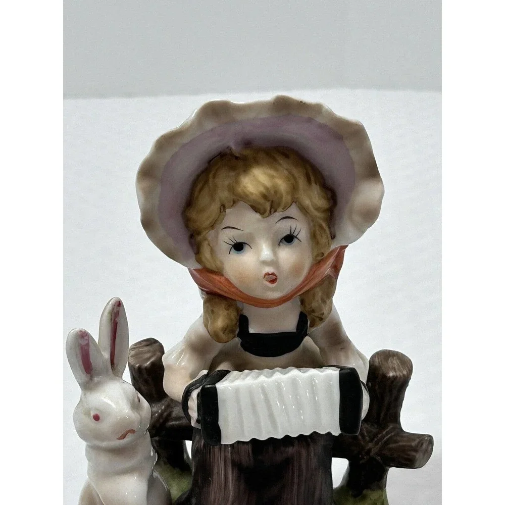 Vintage Porcelain Girl On Fence Playing‎ Accordion with Bunny Rabbit Figurine